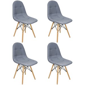 Kit 4 Cadeiras Charles Eames Botonê Eiffel Wood Estofada Couro - Cinza