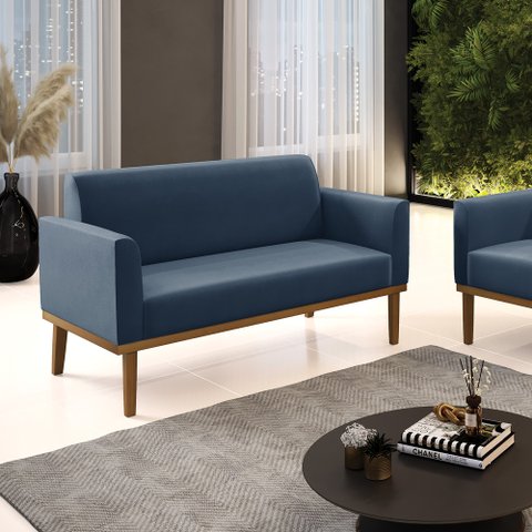 Poltrona Namoradeira Decorativa Isabella Pés Fixo em Madeira Castanho Suede Azul Marinho G19 - Gran 