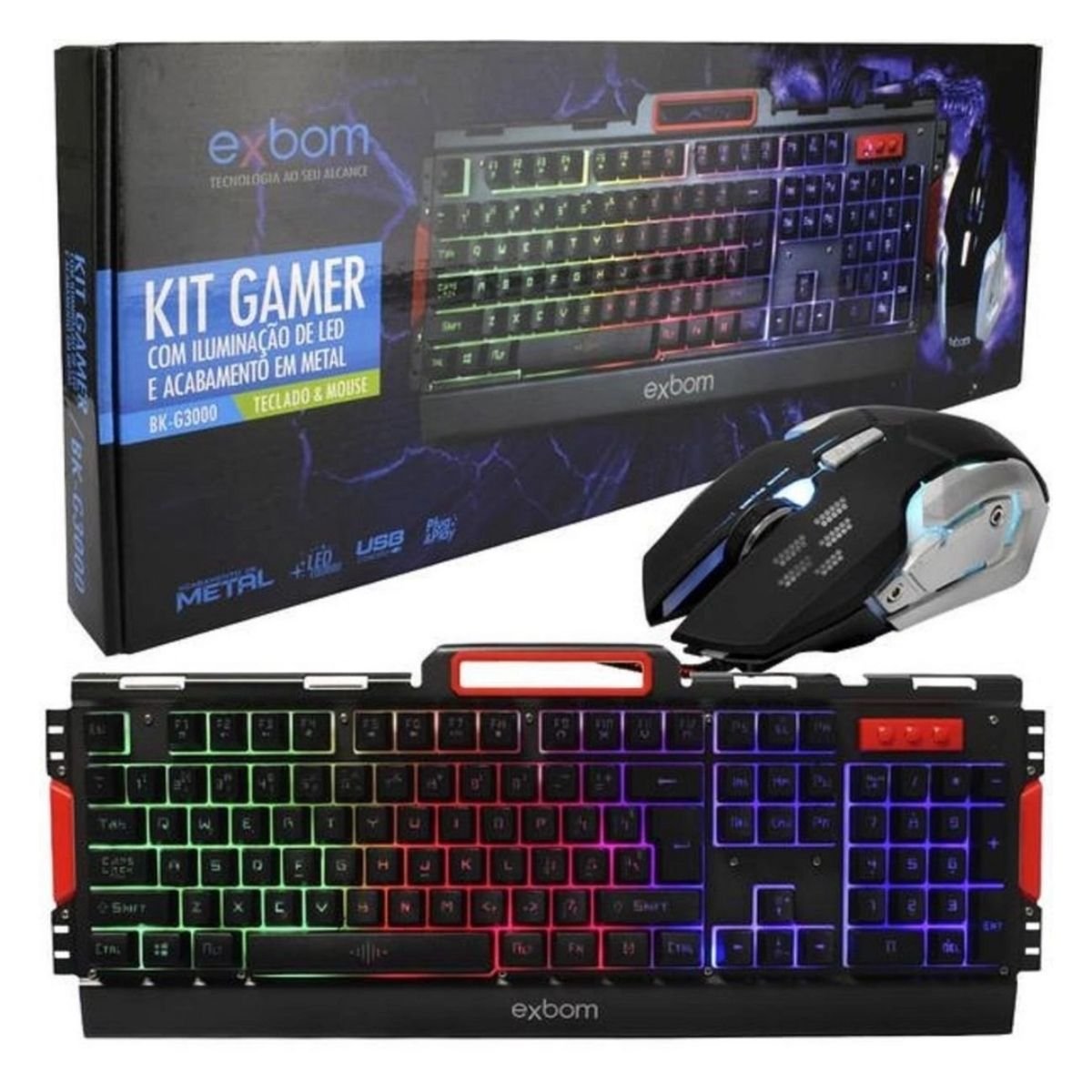 Kit Teclado Mouse Gamer Usb Rgb Metal Semi Mecânico C/ Led Bk G3000 Exbom - 3