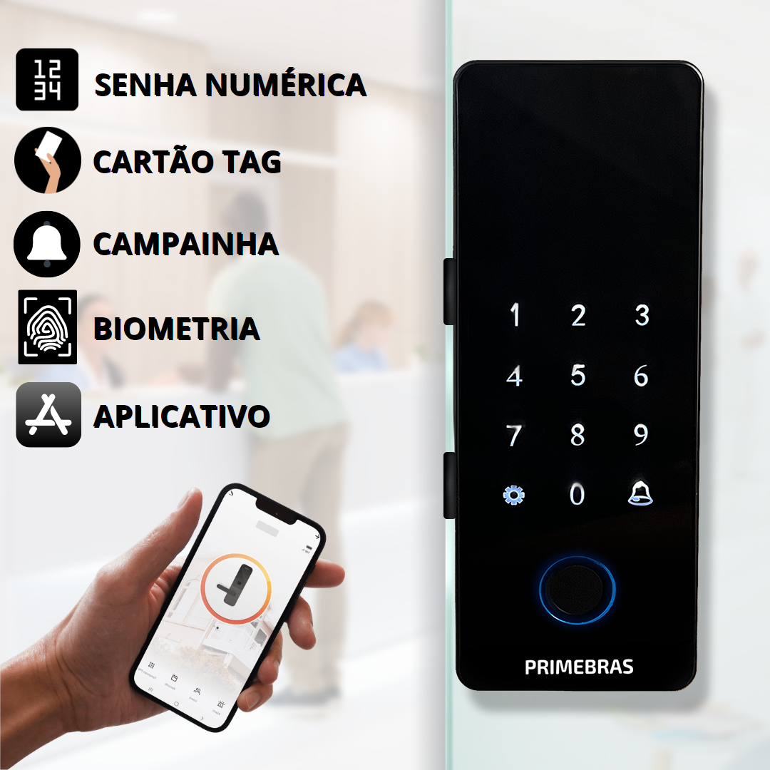 Fechadura Digital Biométrica Primebras Athenas Vidro Bluetooth - 1
