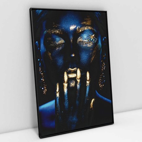 Quadro Decorativo Mulher Azul e Dourada em Tela Canvas Tacolado Moldura Flutuante 4,5cm Preta 80 X 1