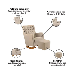 Poltrona Amamentação Balanço com Puff Versão Premium Itália Linho Bege - 2