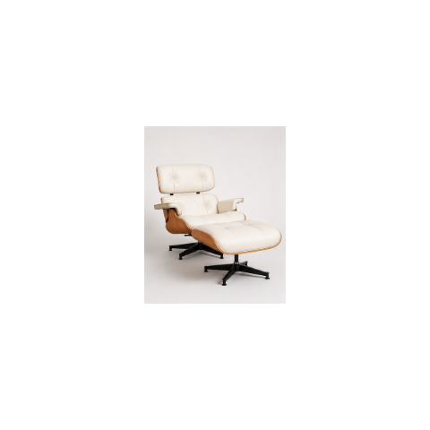 Poltrona Charles Eames com Puff - Freijó em Couro Off White