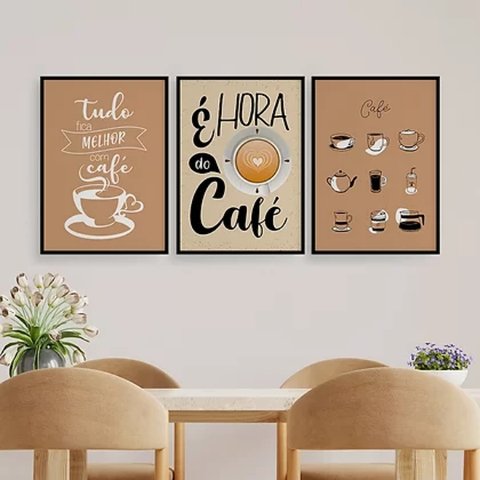Kit 3 Quadros É Hora Do Café 24x18cm:Madeira branca