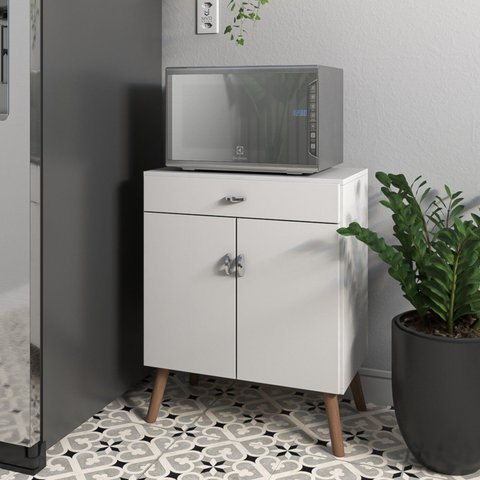 Balcão Cozinha para Micro-Ondas 2 Portas 1 Gaveta Pés Palito MDF Branco Retrô