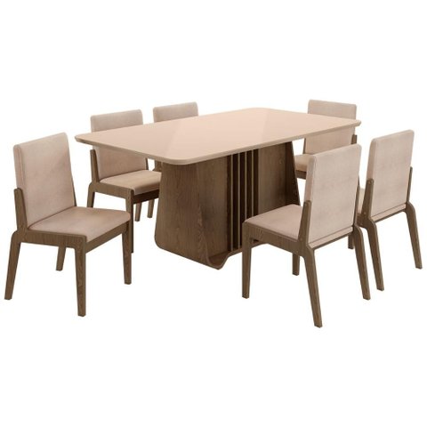 Kit Mesa de Jantar Harpa com 6 Cadeiras Sinfonia em Linho Carvalho/fendi/creme