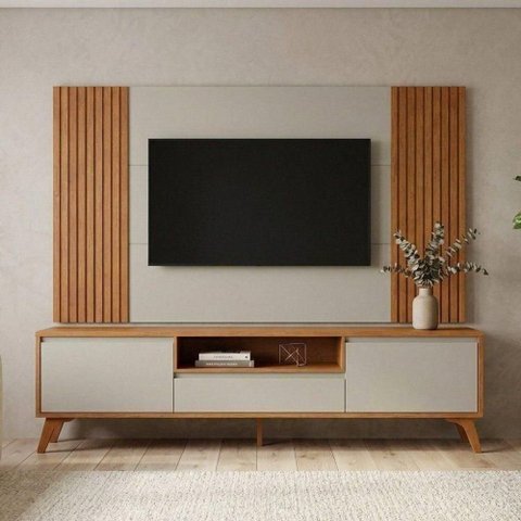 Conjunto Painel + Rack Vertex 237cm MDF Off White e Naturalle