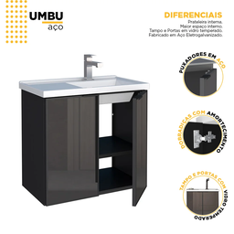 Gabinete Banheiro Aco Umbu Preto Vidro Tampo Vidro - 3