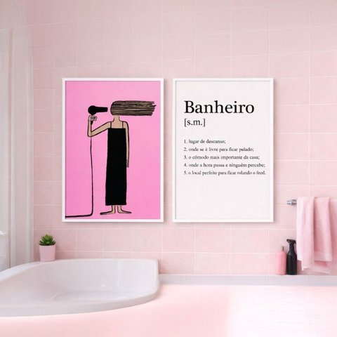 Kit 2 Quadros Banheiro Feminino Secador 33x24cm Mold Branca Vidro