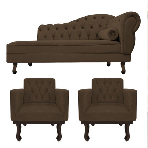 Kit Diva Recamier Juliana 140cm Lado Esquerdo e 02 Poltronas Classic Suede Marrom - Amarena Móveis
