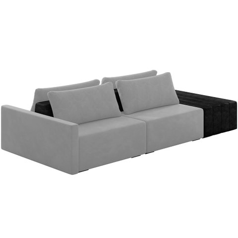 Sofá Ilha Modular para Sala 232cm com Puff Dublin K01 Veludo Cinza e Sintético Preto - Lyam Decor