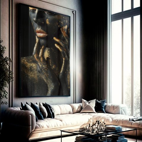 Quadro Decorativo Mulher Dourada Fashion em Moldura Caixa Tacolado Moldura Trad 1cm Madeira Escura C