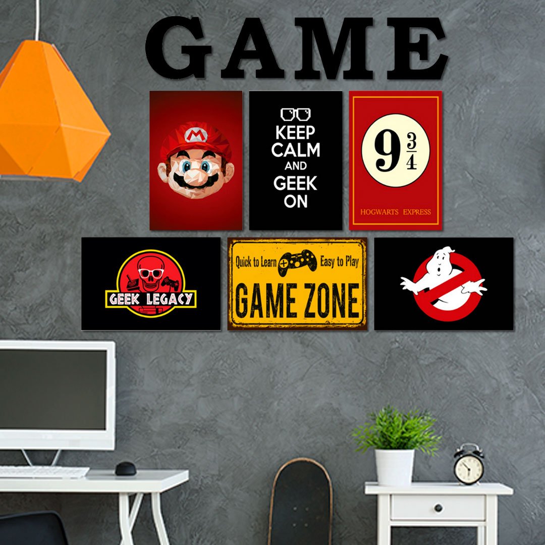 Kit 6 Placas Decorativas Geek Gamer Nerd Play C/ Letras Game