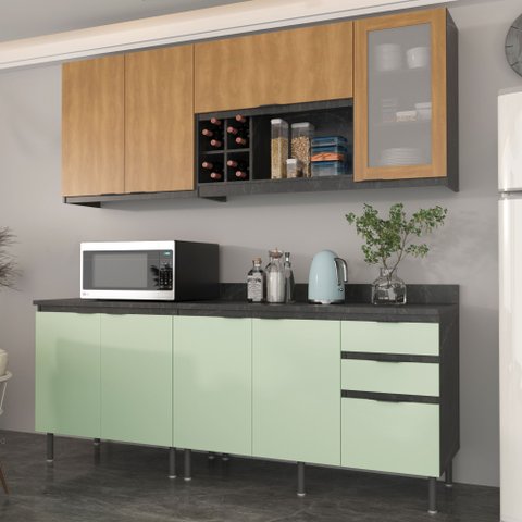 Cozinha Compacta Freijó L200cm 8 Portas 3 Gavetas Cz1200 Cor: Verde Mar/freijó