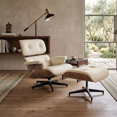 Poltrona Charles Eames com Puff Couro Natural Linha Premium Design Atemporal Sala Luxo - Off-White
