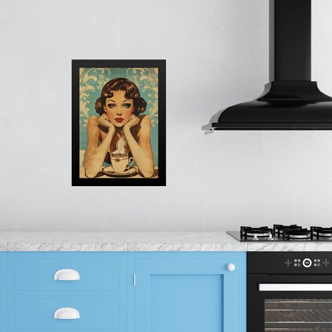Quadro para Cozinha Pin Up com Café 24x18cm - com Vidro:moldura Preta