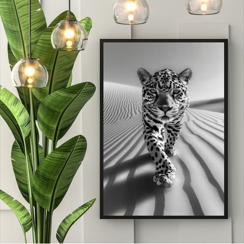Quadro Decorativo Leopardo Preto e Branco 24x18cm - com Vidro:moldura Preta