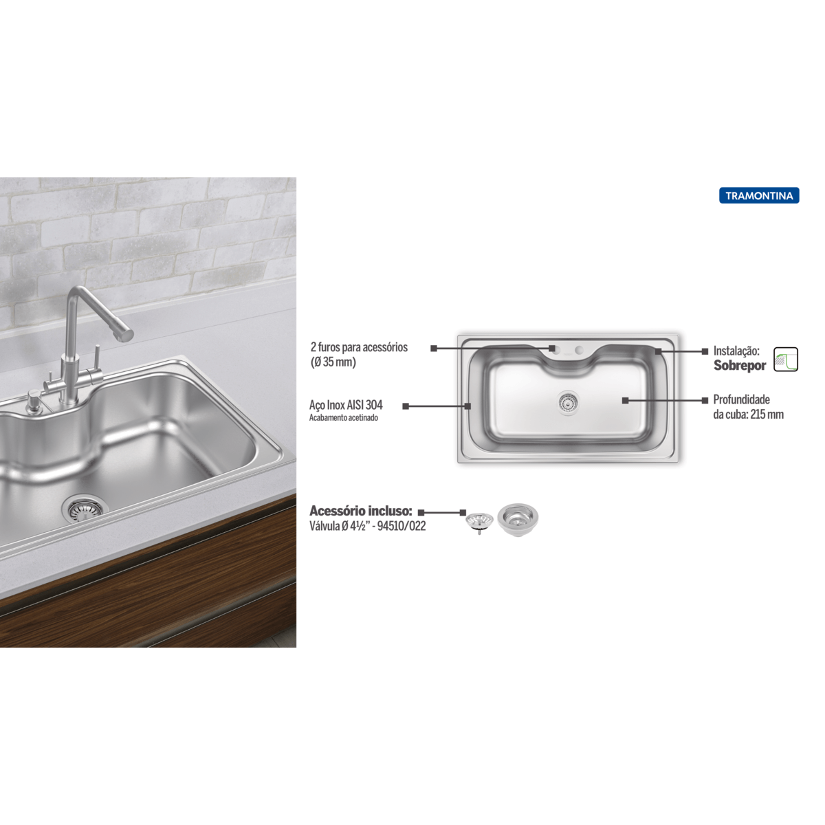 Cuba de Sobrepor Tramontina Morgana Maxi 86x50 Cm em Aço Inox Acetinado com Válvula 94900476 - 3