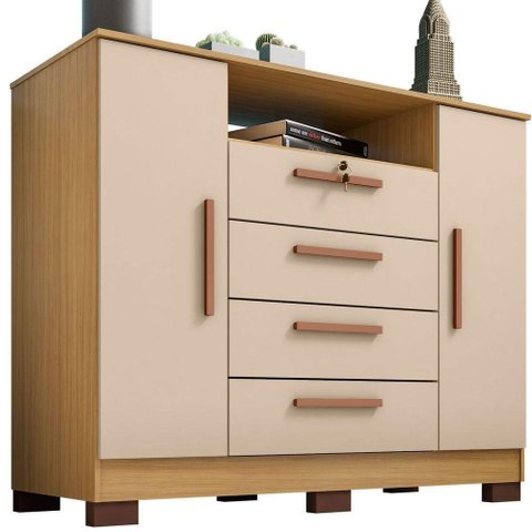 Cômoda Rack Madri 2 Portas 4 Gavetas - Casa Chick Carvalho Americano-off White