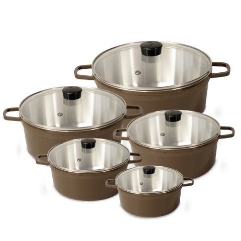 Jogo de Panela Fundida Alumínio Batido Caçarolas 5 Peças Tampa de Vidro - Marrom
