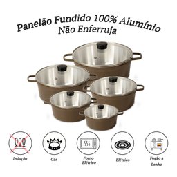 Jogo de Panela Fundida Alumínio Batido Caçarolas 5 Peças Tampa de Vidro - Marrom - 2