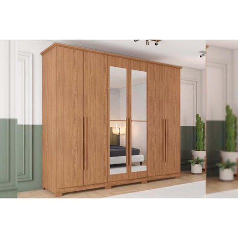 Guarda Roupa Casal 6 Portas (2 C/ Espelho) e 6 Gavetas C/ Pés Leblon Nature - Henn