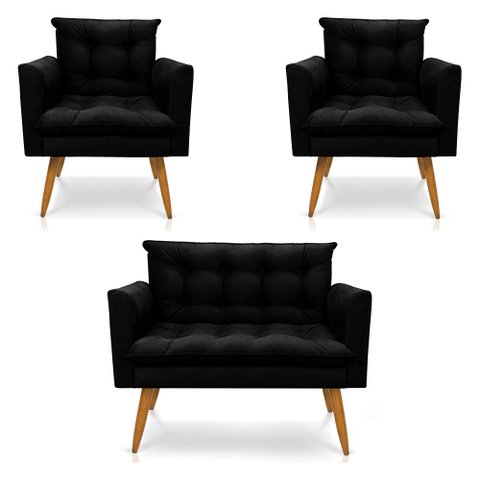 Kit 2 Poltronas e Namoradeira 2 Lugares Thais Suede Preto Pés Palito Castanho - Slk Decor