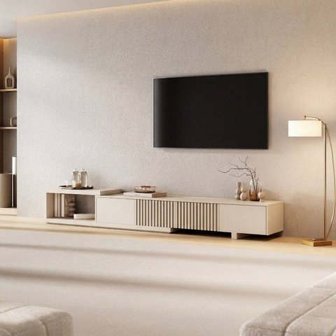 Rack Extensível para TV 75 Polegadas Planejado 244cm Portas Ripadas Aruá CabeCasa MadeiraOriginals