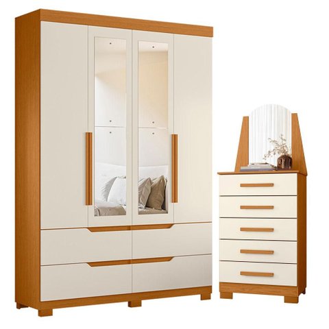 Guarda Roupa Solteiro Doble 04 Portas com Espelho e Cômoda New Veneza Cinamomo Off White - Móveis Al