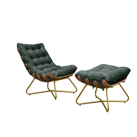 Poltrona Costela Decorativa com Puff Madeira Eva Dourado Verde