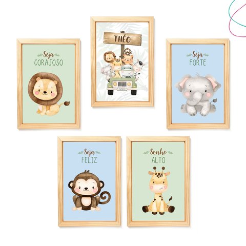 Kit 5 Quadros Decorativos Safari Baby Aquarela Bege:pinus
