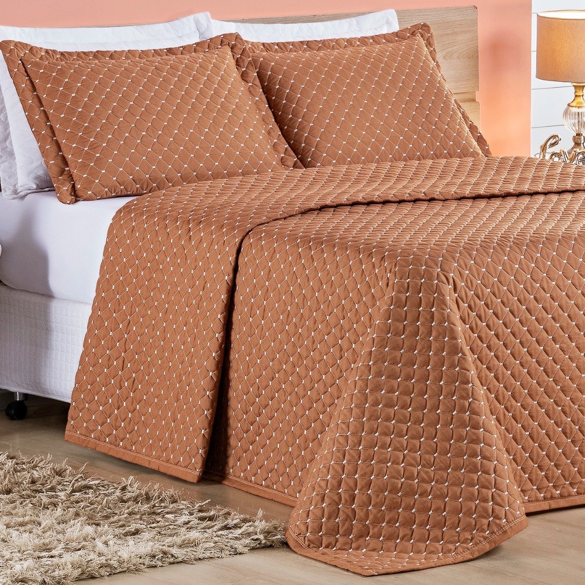 Conjunto Cama Casal Queen Size Melody Bordada 200 Fios Extra Macio - Ravena:terracota