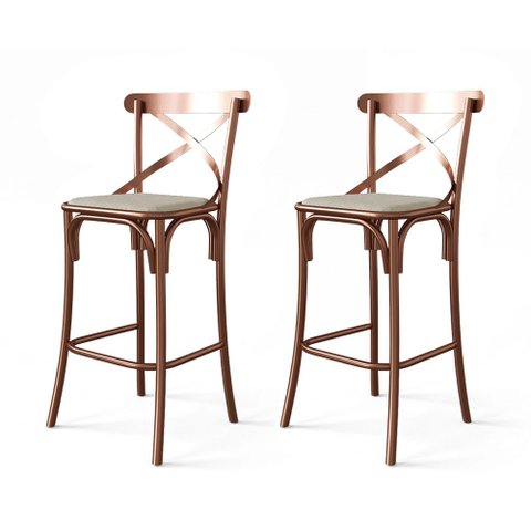 Kit 2 Banquetas Katrina em Aço Cobre com Encosto e Corano para Área Gourmet Home Design - Bege