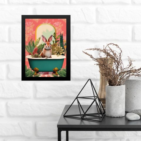 Quadro para Banheiro Coelho com Plantas 33x24cm:moldura Preta