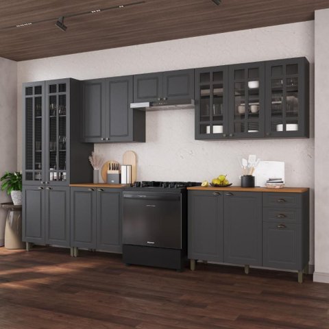 Armário de Cozinha Modulada Completa Fidelitá Nara 100% MDF 6 Peças 360cm 16 Portas 2 Gavetas com