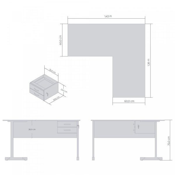 Mesa em L para Escritório 2 Gavetas 143cmx136cm Pop Plata Móveis - 2