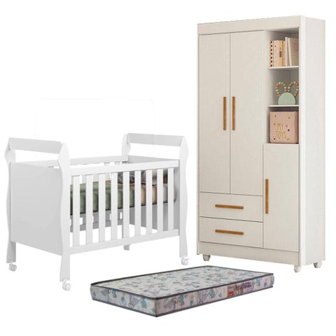 Berço Americano Soninho com Guarda Roupa Flocos Branco Acetinado Colchão Americano Sleep - Tigus