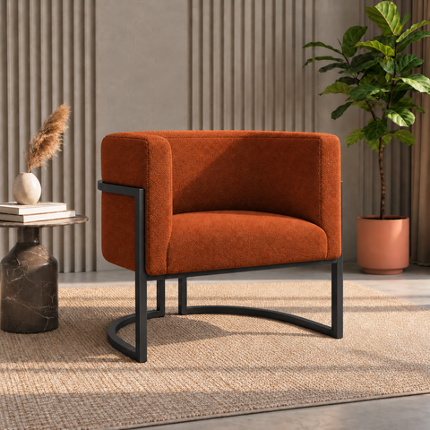 Poltrona Decorativa Luna Bouclé Premium para Sala Escritório Recepção Base Circular em Ferro Madeira
