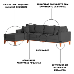 Sofá Beny 4 Lugares com Chaise Base Madeira Linho Grafite Lado Esquerdo Império Estofados - 5