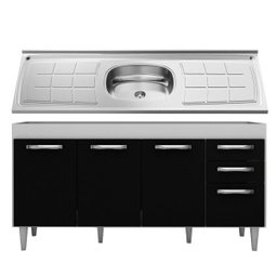Balcão Gabinete Áustria com Pia Inox 160cm 4 Portas Branco/Preto - Lumil Móveis - 1