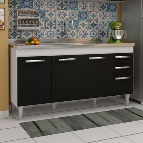 Balcão Gabinete Áustria com Pia Inox 160cm 4 Portas Branco/Preto - Lumil Móveis