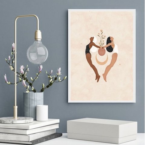 Quadro Decorativo Mulheres Yoga- Lua Flores 33x24cm:madeira Branca