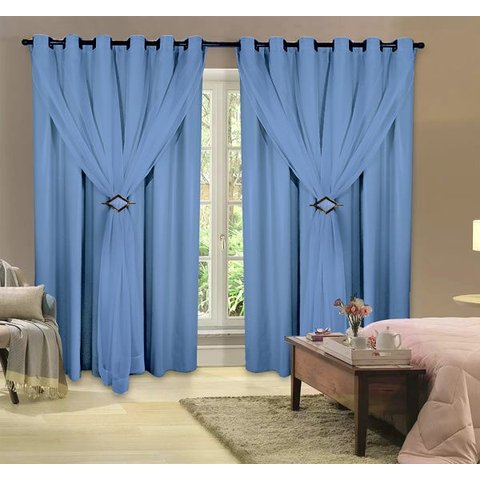 Cortina Decorativa Corta Luz Blackout com Voil para Janela ou Porta Balcão 3,00M x 1,80M Azul