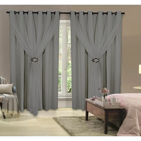 Cortina 100% Corta Luz com Forro Blackout PVC com Voil 2,00M x 2,50M Cinza para Varão Simples