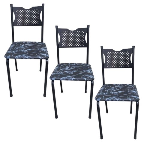 Kit 3 Cadeira para Cozinha Mc Tubular Almofadada Estrutura Preta com Assento Floral Medcombo