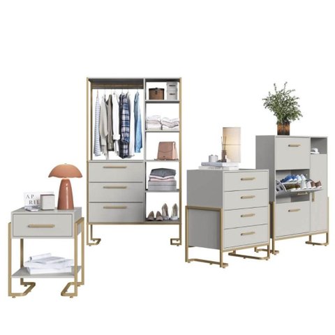 Jogo 4 Móveis para Quarto Closet Sapateira Cômoda Mesa de Cabeceira Industrial Arena Placa e Ponto