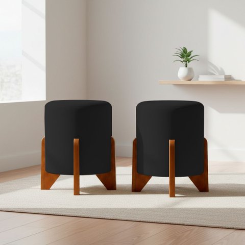 Kit 2 Puffs Decorativos Eloah Redondo Assento Extra para Sala Quarto Suede Pufe com Pés de Madeira