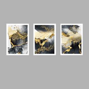 Tríptico - Quadros Decorativos Abstrato Ouro Grande:Branco