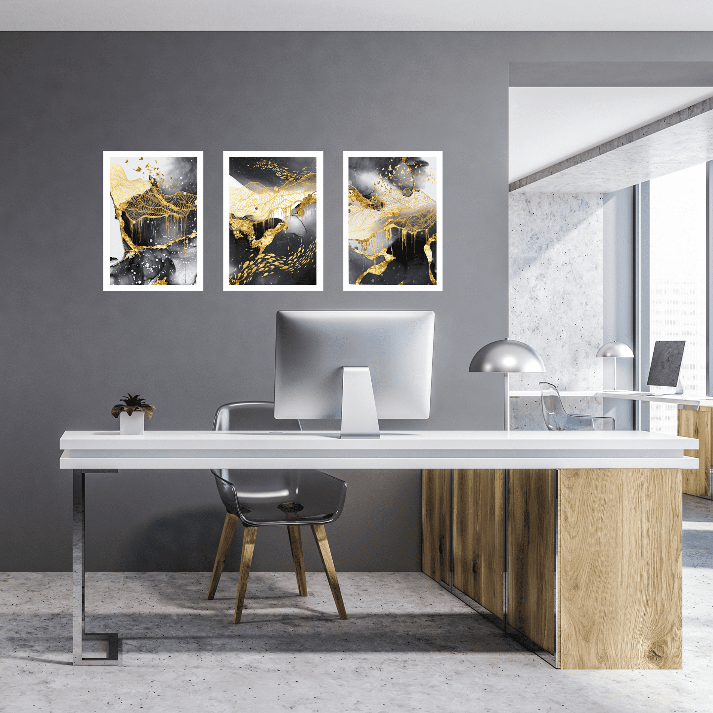 Tríptico - Quadros Decorativos Abstrato Ouro Grande:Branco - 2