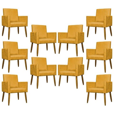 Kit 10 Poltronas Decorativas Mari Pé Palito Castanho - Mostarda Suede